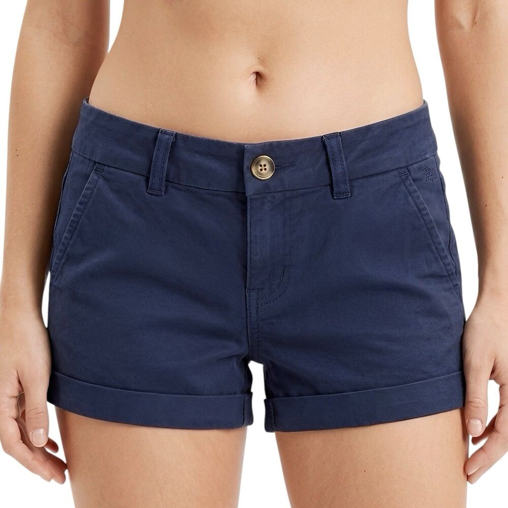 Y2K American Eagle Womens Sz 2 Chino Shortie Shorts Blue Stretch 3” Inseam Midi